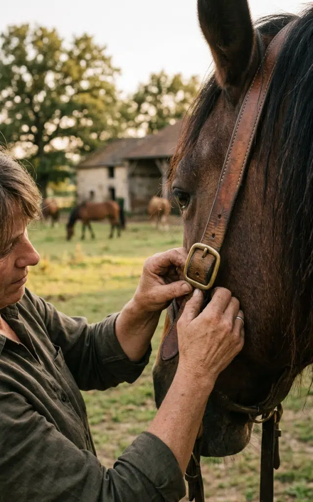 Photographie d'une cavalière ajustant un harnais en cuir à tannage végétal sur un cheval