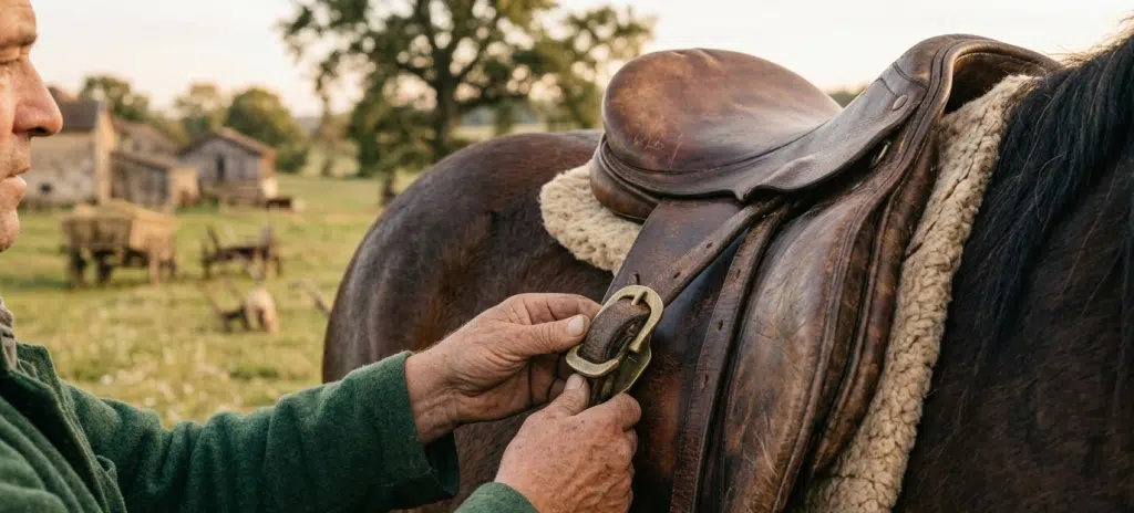 Photographie d'un cavalier ajustant une selle en cuir tanné végétal sur un cheval de selle, dans un champs