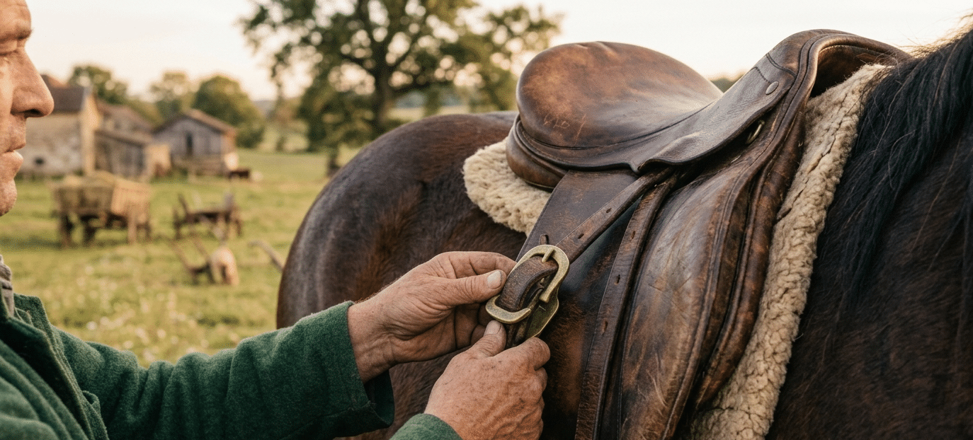 Photographie d'un cavalier ajustant une selle en cuir tanné végétal sur un cheval de selle, dans un champs